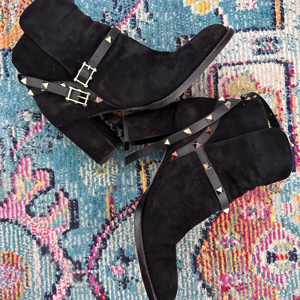 Valentino Black Suede Ankle Booties with Buckle Straps